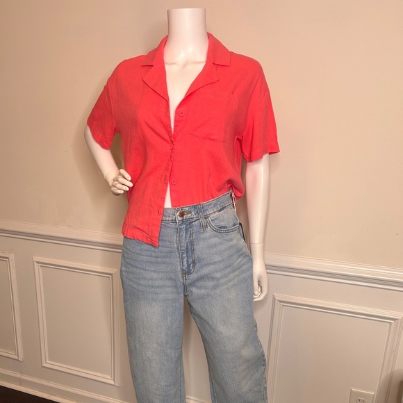 Women's Linen Short Sleeve Button Down Camp Shirt- A New Day, Pink - Picture 13 of 16